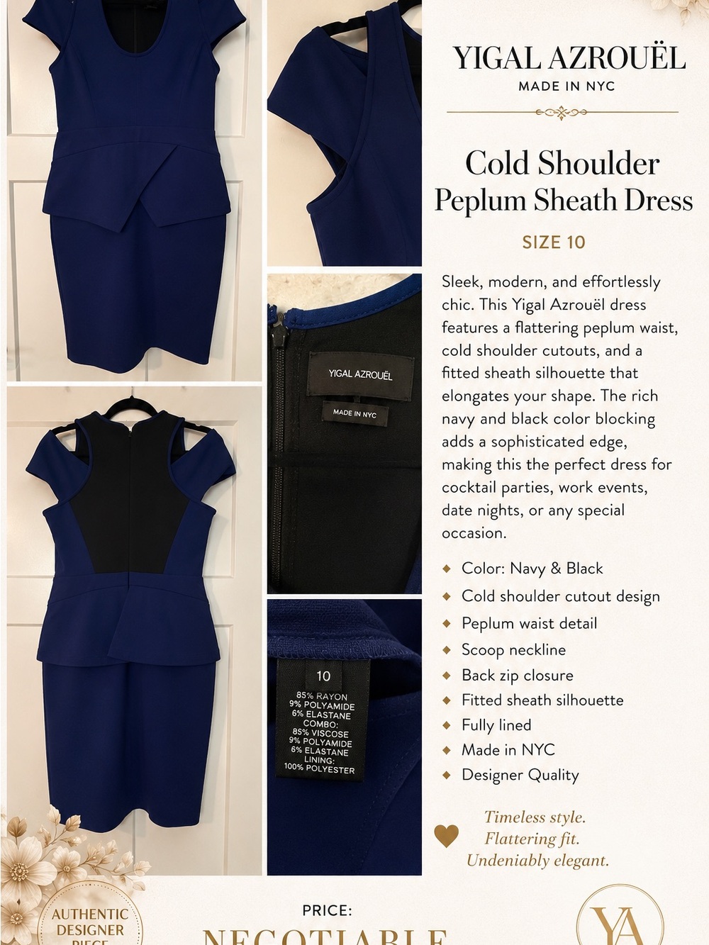 Yigal Azrouel Navy & Black Peplum Cold Shoulder Sheath Dress